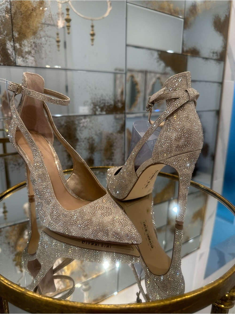 Gianni Bini Champagne Glitter Pointed-Toe Ankle-Strap Heels